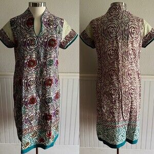 Women's Short Sleeve Side Split Tunic Kameez Multicolor Embroidered Cotton M
